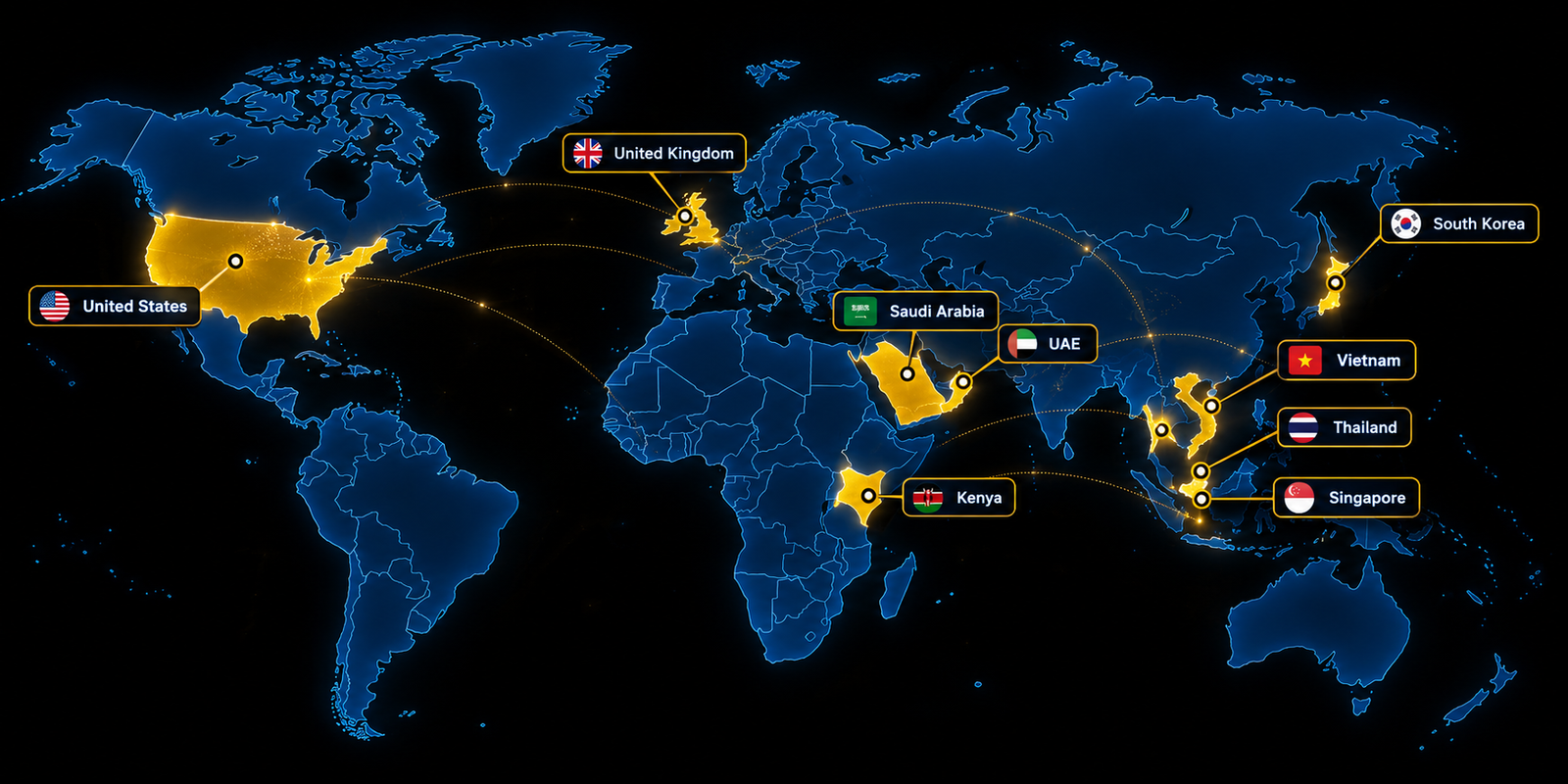 World map highlighting Rokkamint's export destinations across South Korea, UAE, Saudi Arabia, Kenya, Thailand, Singapore, Vietnam, United Kingdom and United States
